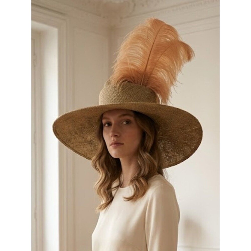 Suzanne Couture Millinery Wide-Brim Ostrich Feather Natural Accent Hat
